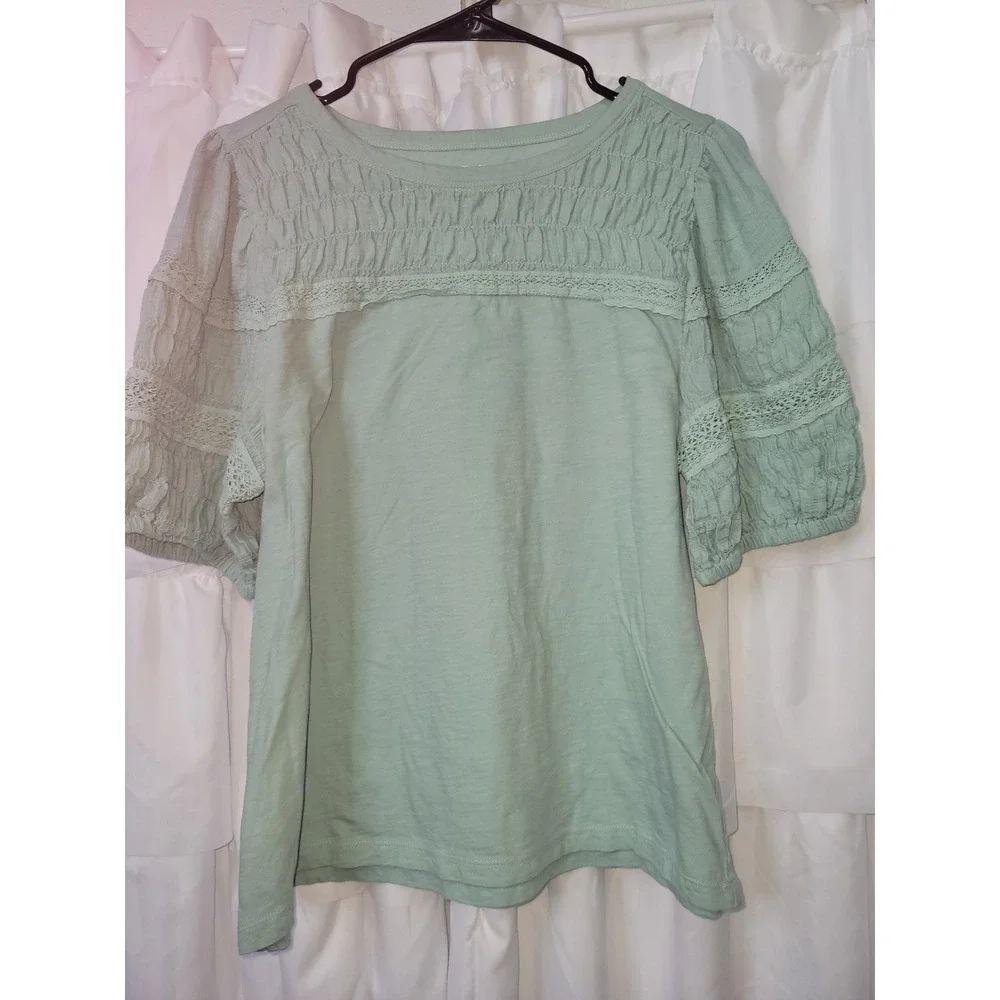 LOFT Mint Green Smocked Lace Puff Sleeve Top Womens Large Knit Blouse 1322